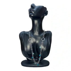 MODERN COSTUME JEWELRY NECKLACE UNKNOWN BRAND SILVER TONE WITH BLUE BEADS CIRCLE